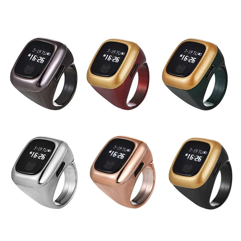 Electronic dhikr counter with digital display shown in various colours and bead sizes.