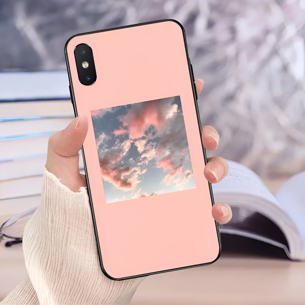 Pink painted TPU phone case with roll brush style, lattice, letters, and broken flowers design for iPhone