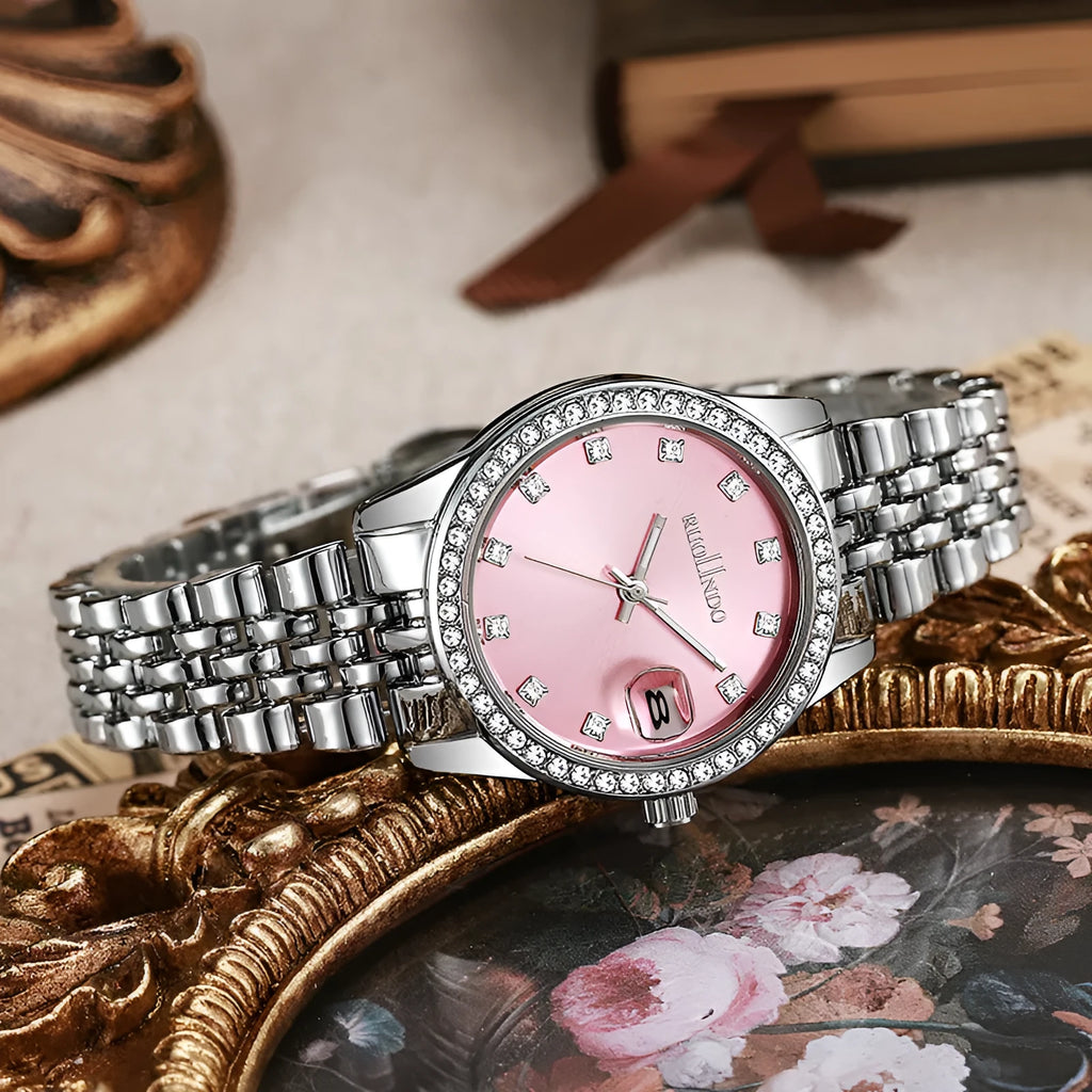 Women's quartz calendar watch with 32mm alloy case and strap, mineral glass dial in silver colour