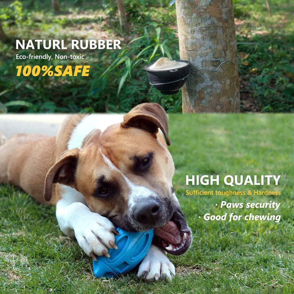 Blue, green, and orange rubber squeaky dog toy ball with grooved surface for aggressive chewers.