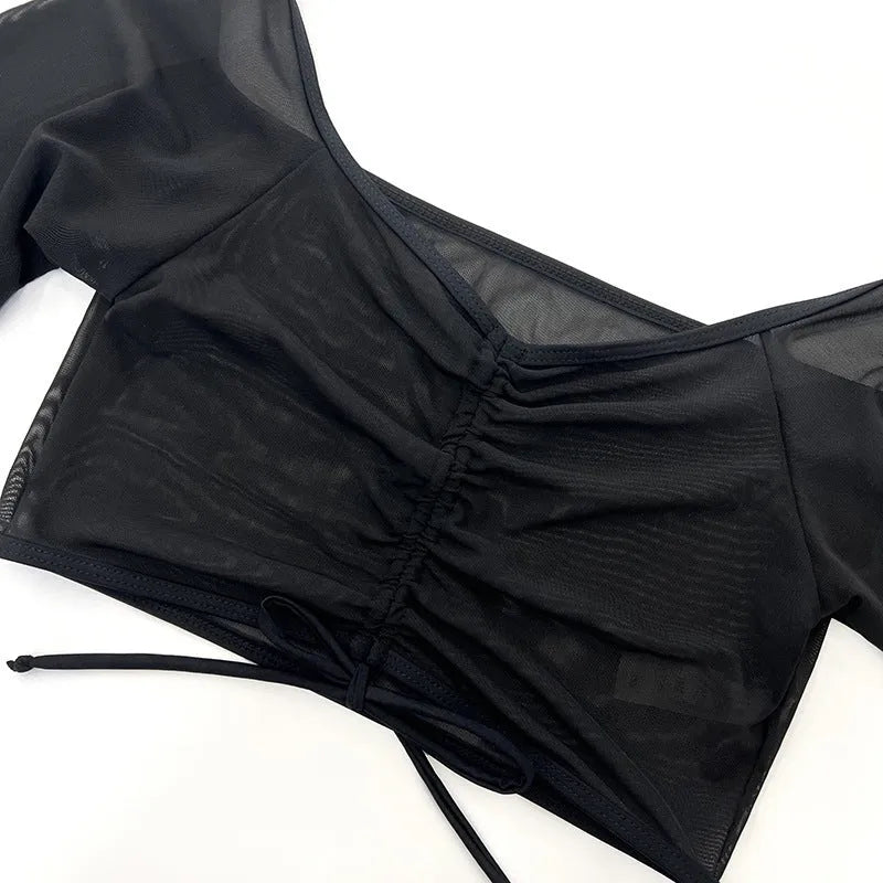 Black long sleeve mesh bikini set for women with briefs-style bottoms