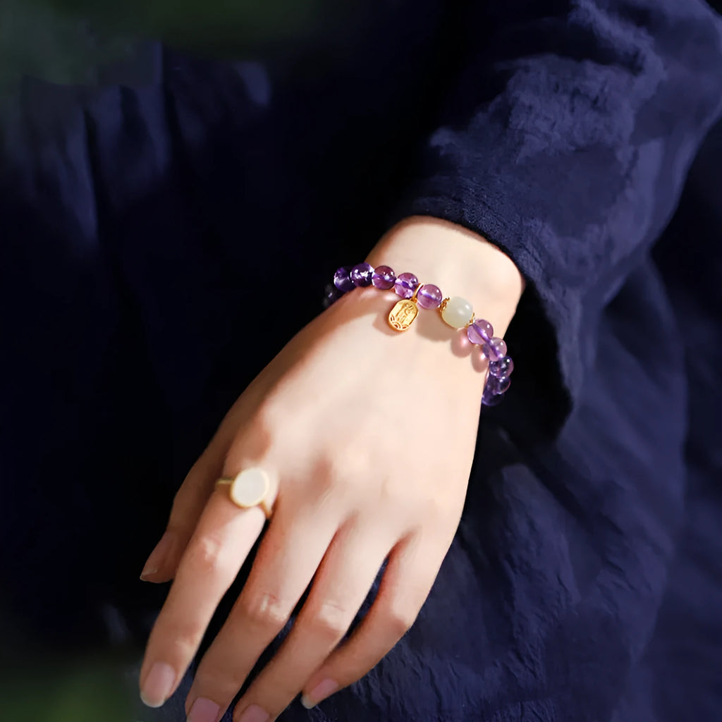 Simple amethyst bracelet with 8mm round crystal beads in geometric national style for women