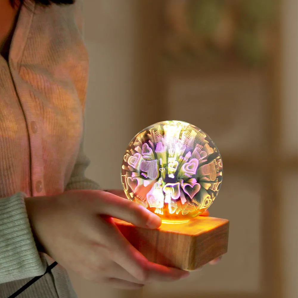 USB 3D firework crystal ball night light with touch control on a wooden table, warm LED glow effect