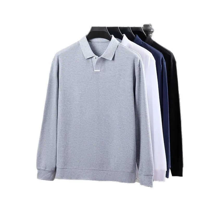 Men's grey pure cotton polo shirt with asymmetric lapel design and long sleeves, shown in a loose fit.