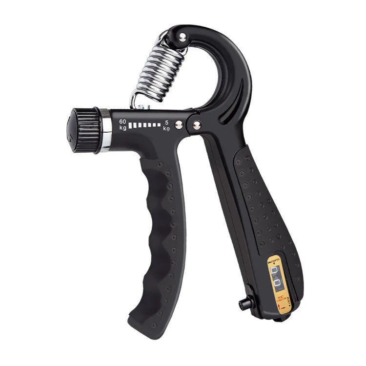 Adjustable counting hand gripper with black handles and built-in mechanical counter on a white background