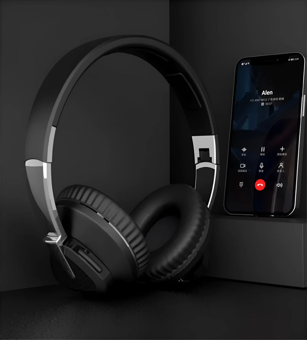 H3 wireless stereo over-ear headset in black with Bluetooth 5.0, 10-metre range, and AUX/TF card connectivity