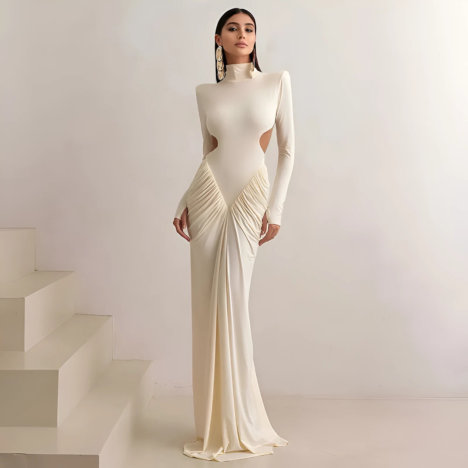 Women's high collar long sleeve backless pleated dress in polyester available in four colours with Asian sizing