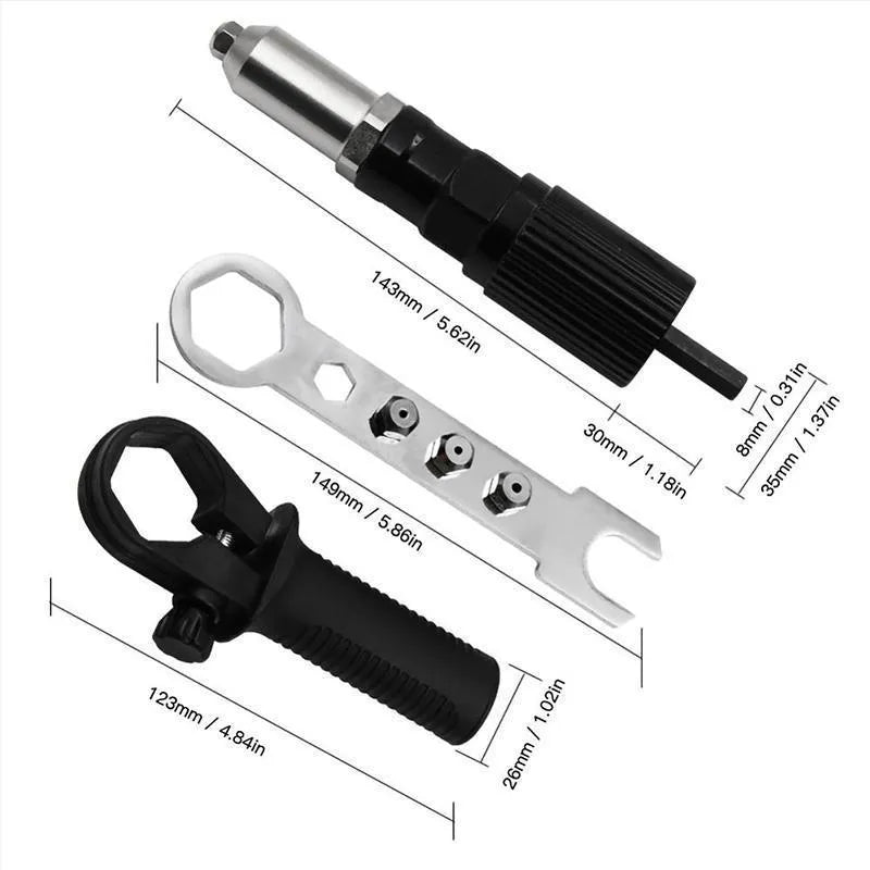 Electric drill rivet gun adapter with alloy steel body and four rivet heads on a workbench