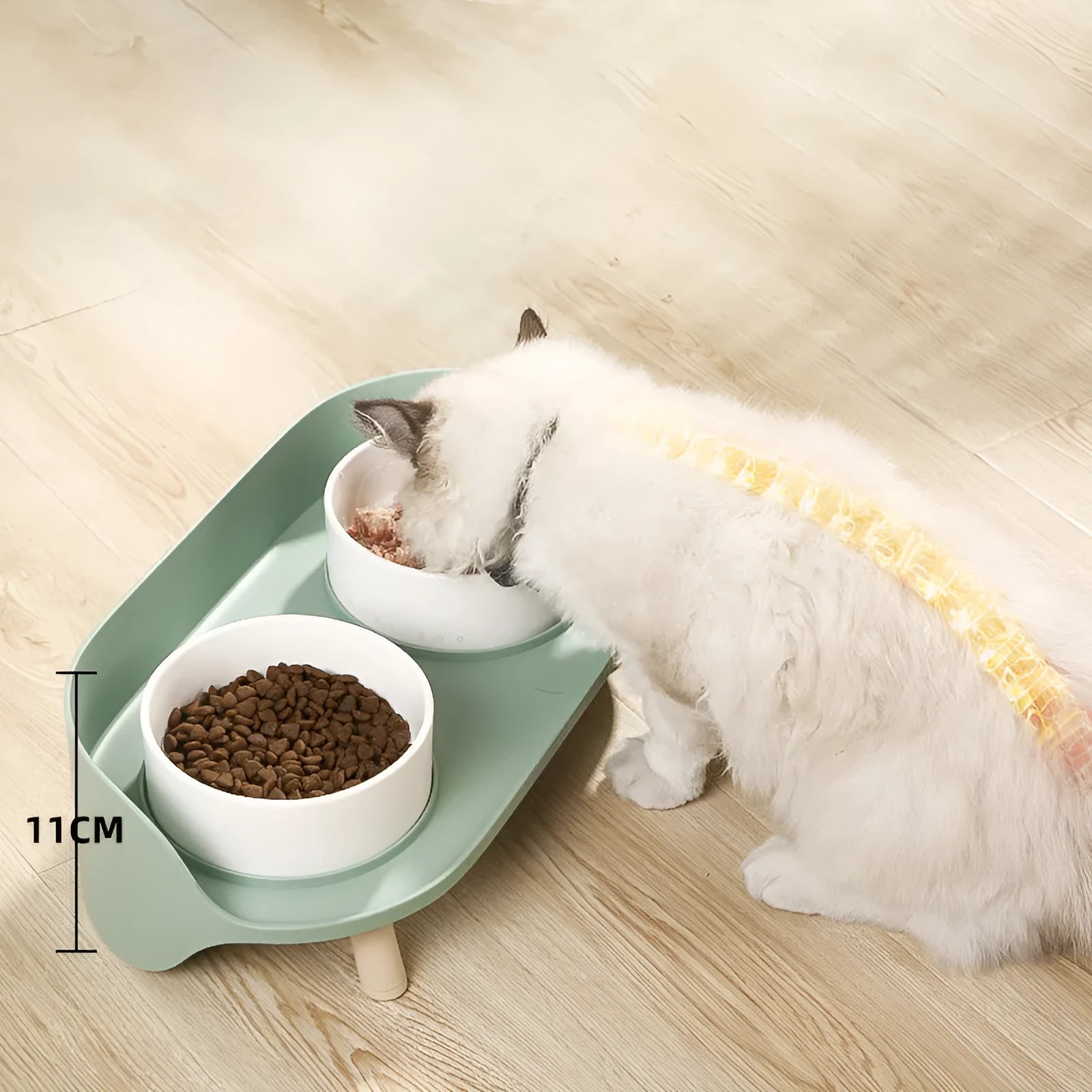 Tilted double bowl pet feeder in green with separate compartments for food and water