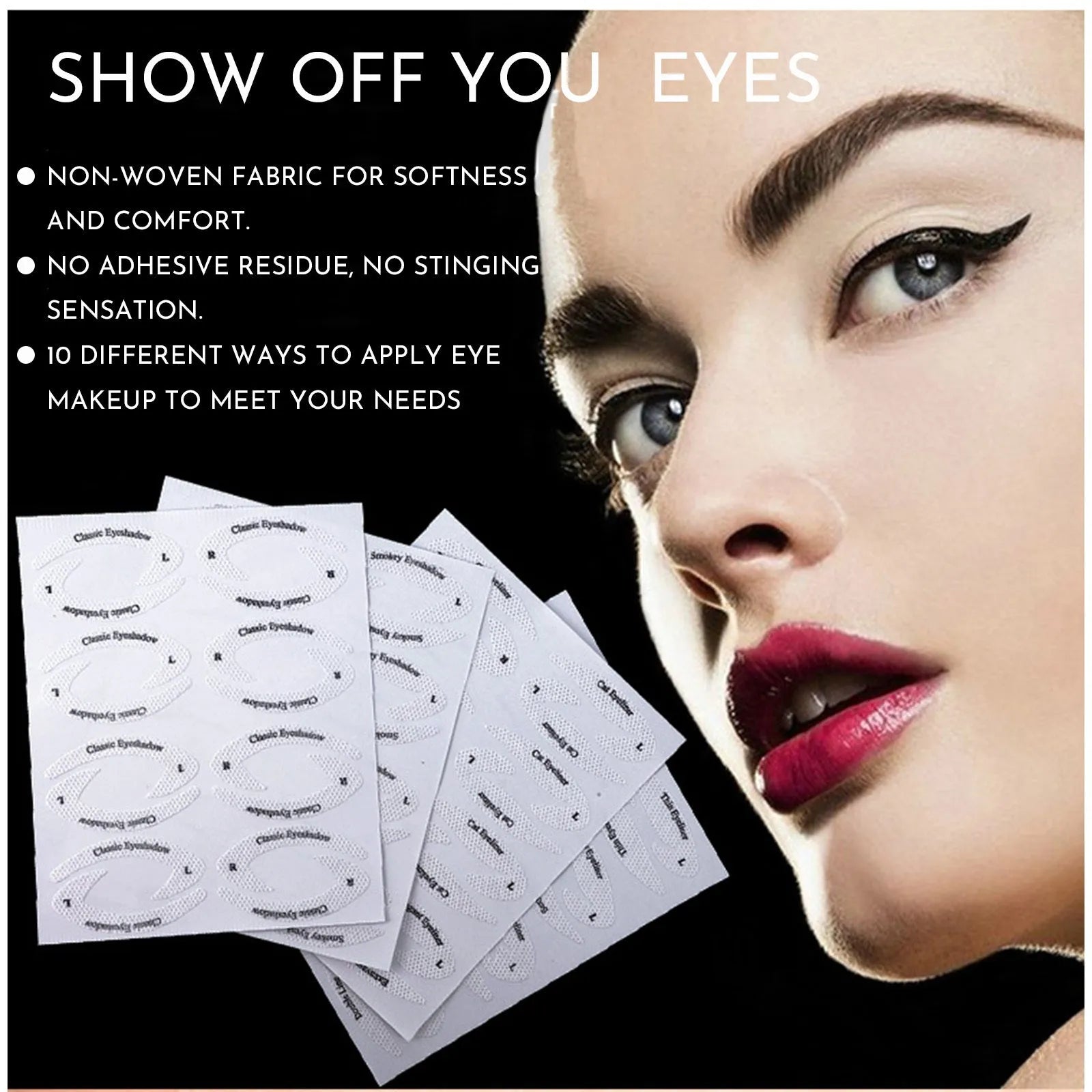 Set of four reusable flexible eyeliner and eyeshadow makeup stencil templates.