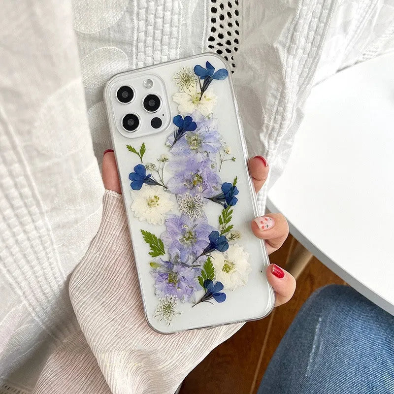 Blue and purple dried flower TPU soft case for iPhone 12 compatible with Apple models