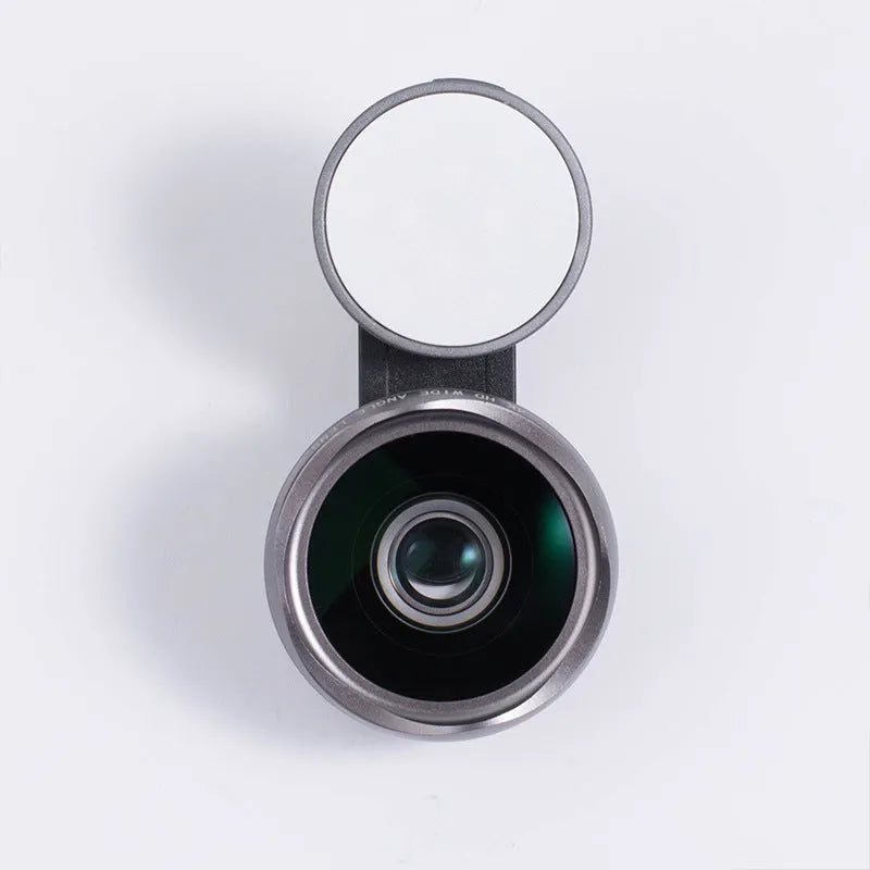 External mobile phone camera lens with wide angle and colourful light effects, black model clipped onto smartphone