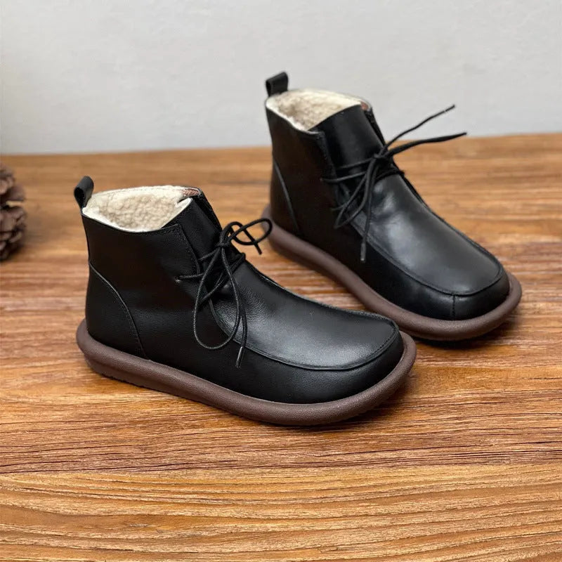 Extra-thick velvet cowhide women's boots flat heel round toe black coffee