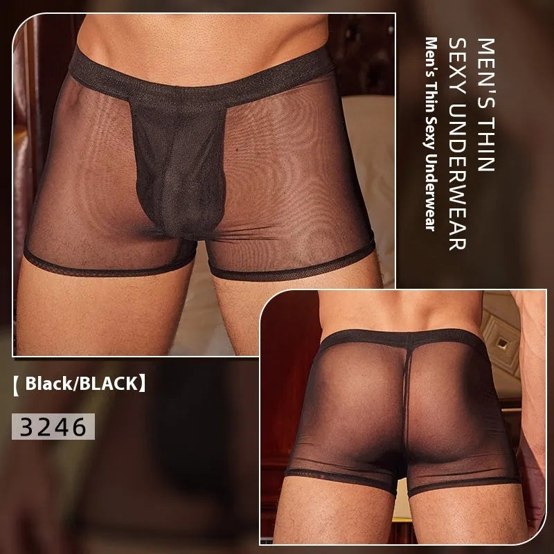 Men's black and white ultra-thin nylon boxer briefs on a plain background.