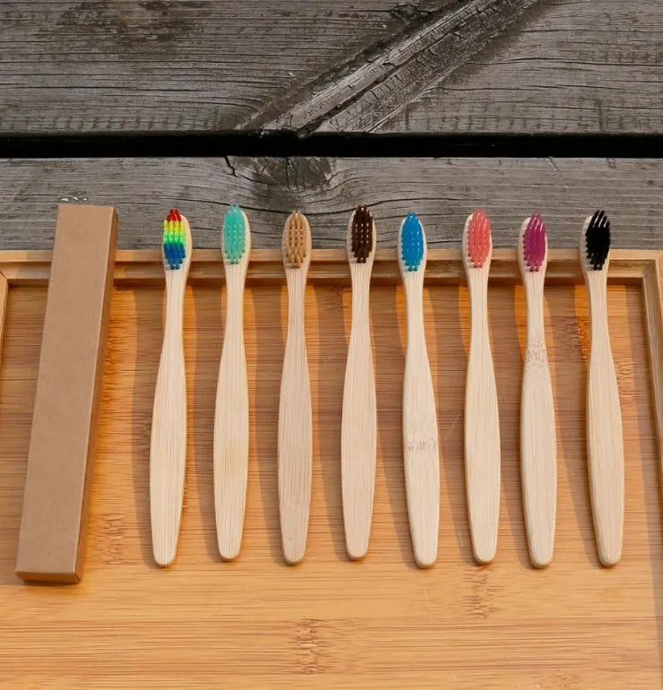 Eco friendly bamboo soft fibre toothbrush with biodegradable handle and soft PBT bristles