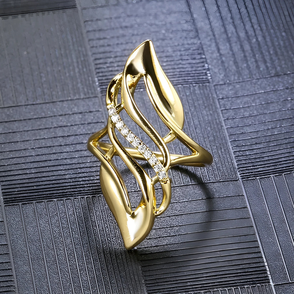 Gold copper casual curve ring for women with zircon decoration on white background