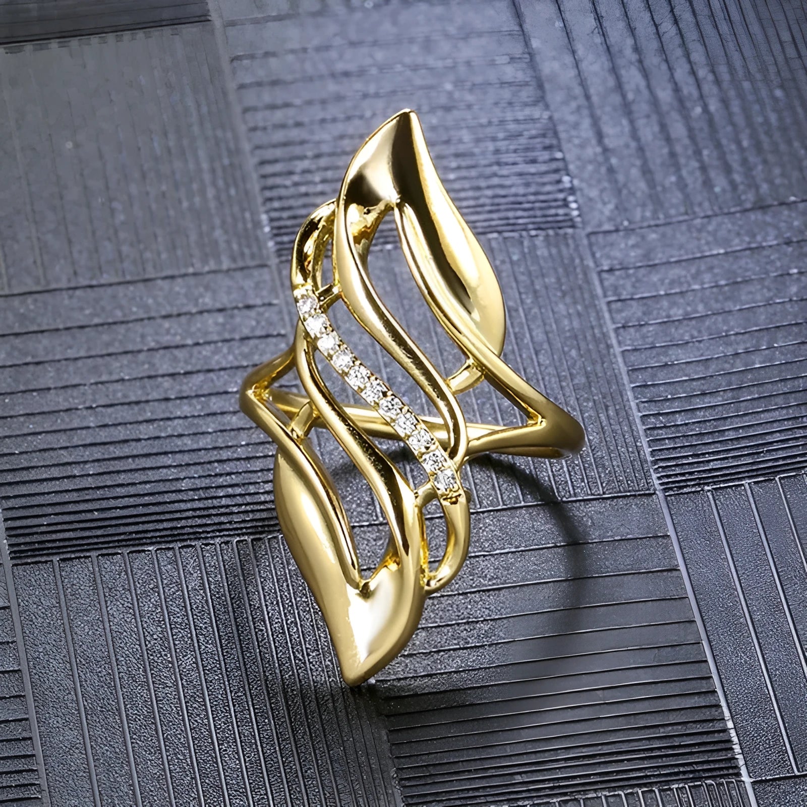 Gold copper casual curve ring for women with zircon decoration on white background