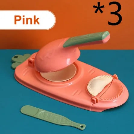 2-in-1 plastic dumpling dough press maker in orange and white, with ergonomic handle and hanging hole for storage