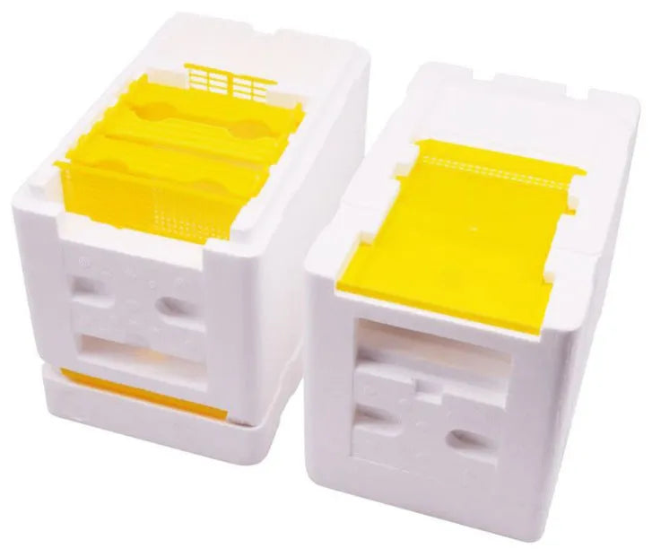 Three white EPS foam mini bee delivery boxes for hive frame and colony transport.