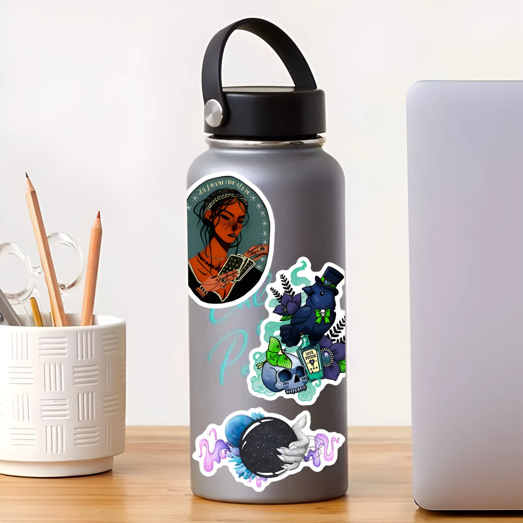 Pack of 50 colourful waterproof PVC stickers for laptops and skateboards, sizes 3-8cm.