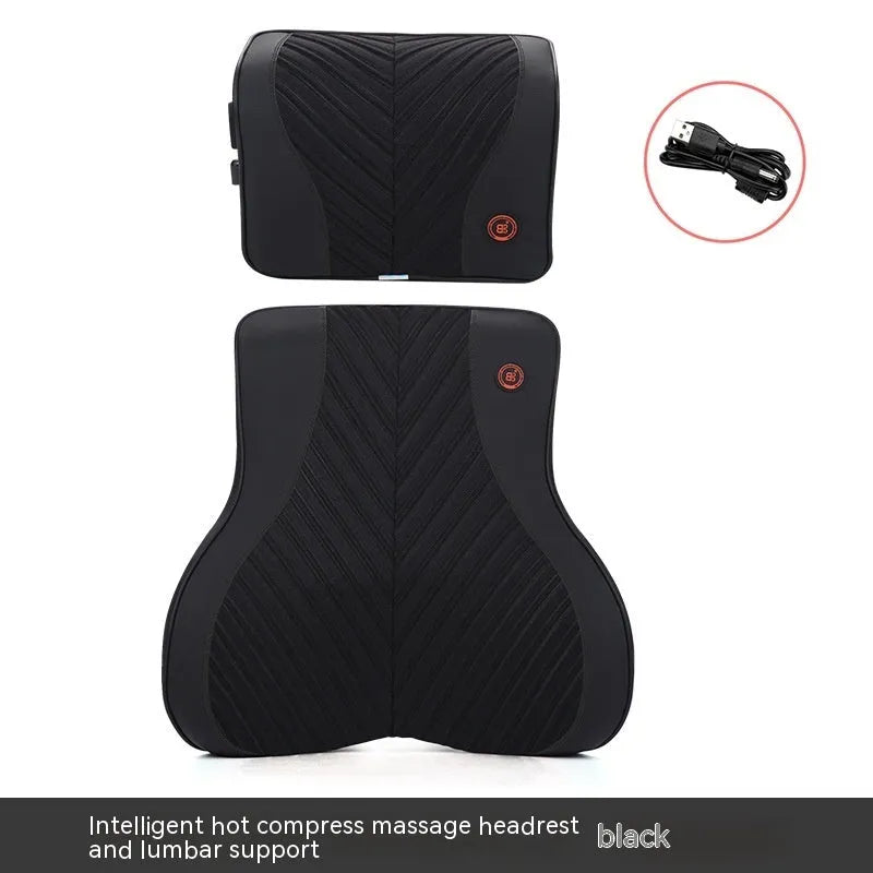 Car electric massage heating headrest lumbar support pillow with memory foam in black and orange