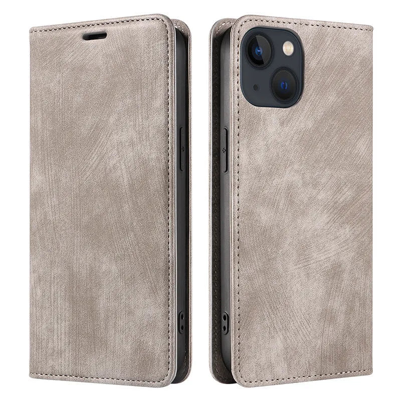Magnetic flip phone case for iPhone in genuine leather and TPU, showing black, brown, and blue colour options.