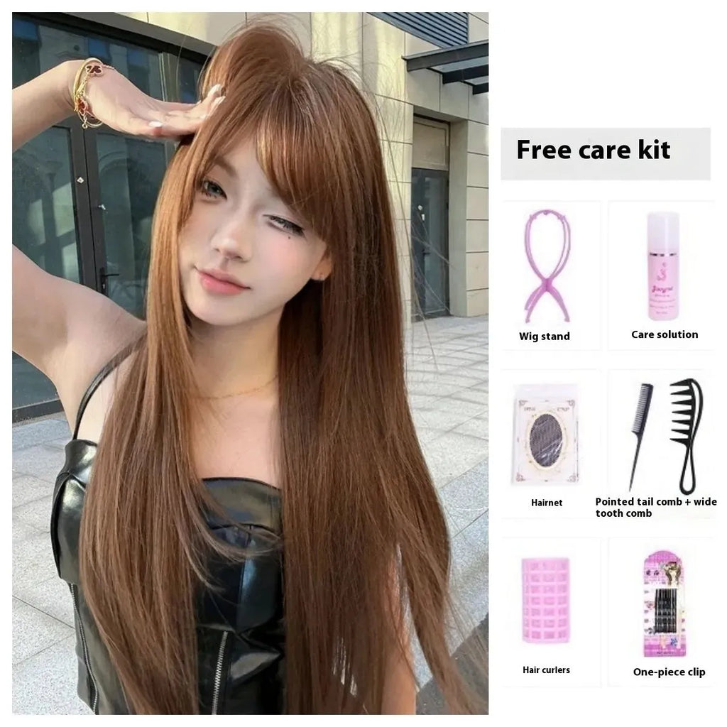Warm brown long straight synthetic wig with fringe, made from high temperature fibre.