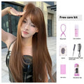 Warm brown long straight synthetic wig with fringe, made from high temperature fibre.