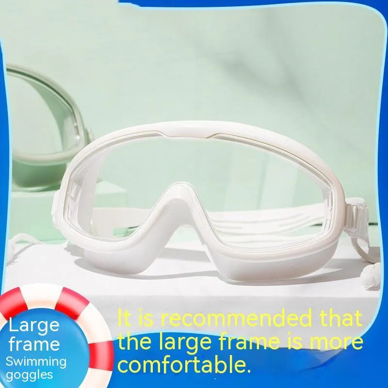 Large frame anti-fog swimming goggles in transparent blue for adults