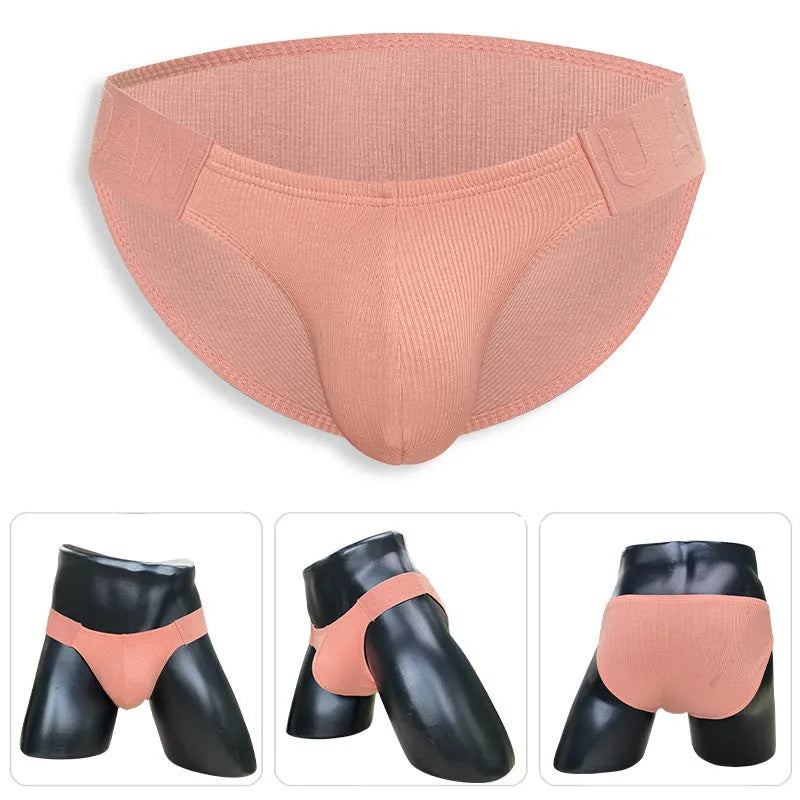 Polyester national triangle low waist seamless briefs in six colours – black, white, pink, purple, green, yellow – on white background