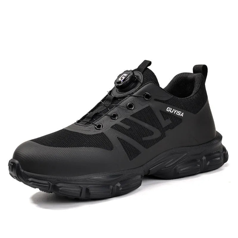 Lightweight safety shoes in black with Flyknit upper, steel toe, and TPU sole