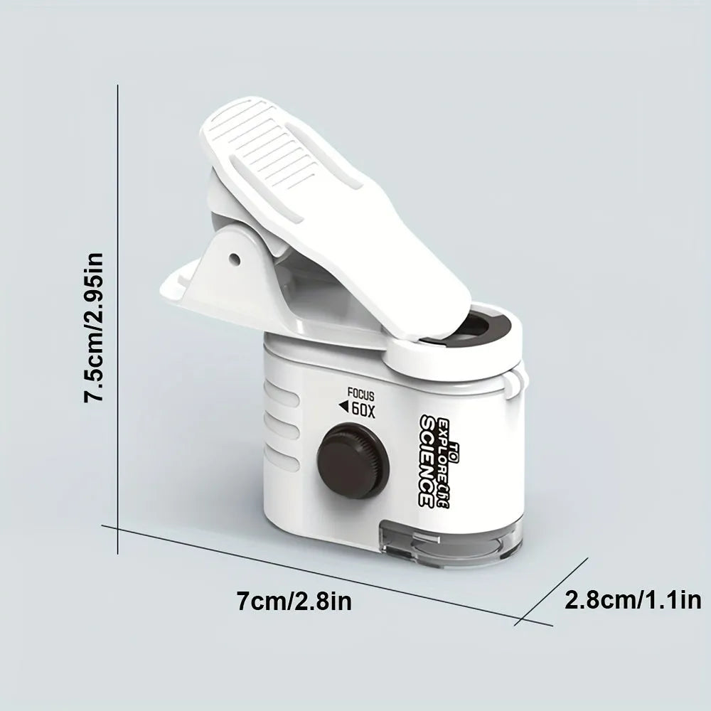 Mini mobile phone microscope with 60x magnification, LED light, and universal clip attached to a smartphone camera