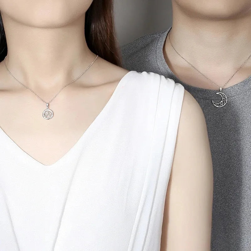 Sun and moon couple necklace set with electroplated copper pendants and cross chain