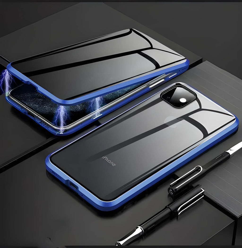 Anti-peep double-sided magneto phone case with metal frame and tempered glass for iPhone – solid colour flip cover