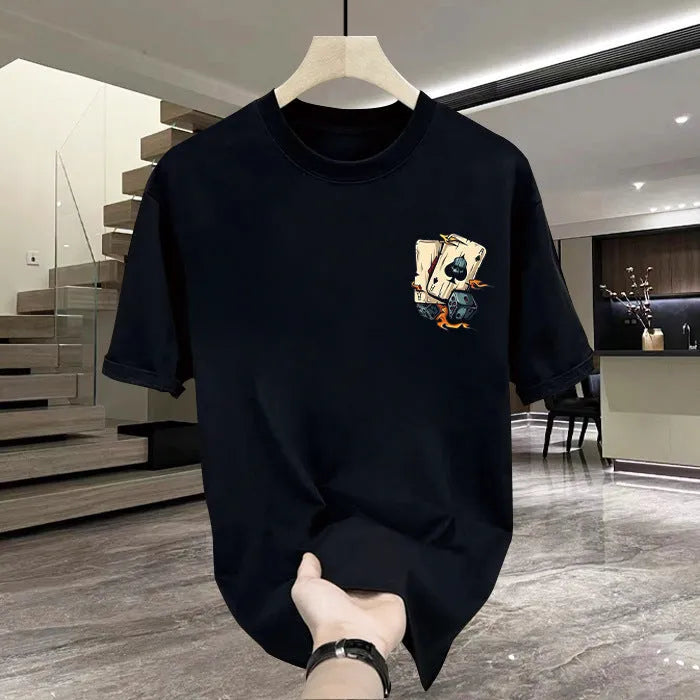 Heavy cotton printed men's short-sleeved t-shirt in black with pure cotton fabric, available in sizes S to 5XL