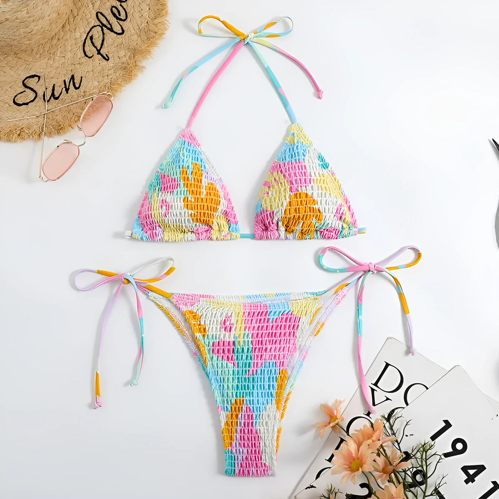 Women's multicolour triangle bag bikini set with split printed floral gradient pattern and smocking craft details