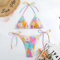 Women's multicolour triangle bag bikini set with split printed floral gradient pattern and smocking craft details