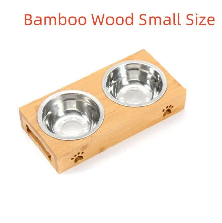 Solid wood pet dining table with stainless steel bowls, bamboo finish, raised feeder for cats and dogs