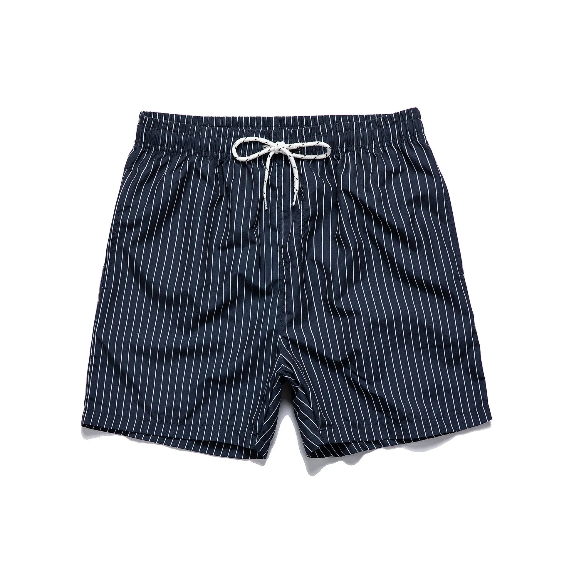 Striped polyester beach shorts with straight leg opening in navy blue grey khaki light blue colours