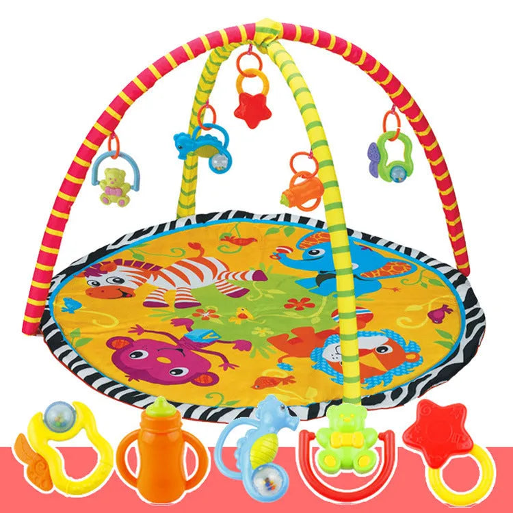 Velvet baby gymnastic blanket with animal pattern used as a crawling carpet and interactive toy.