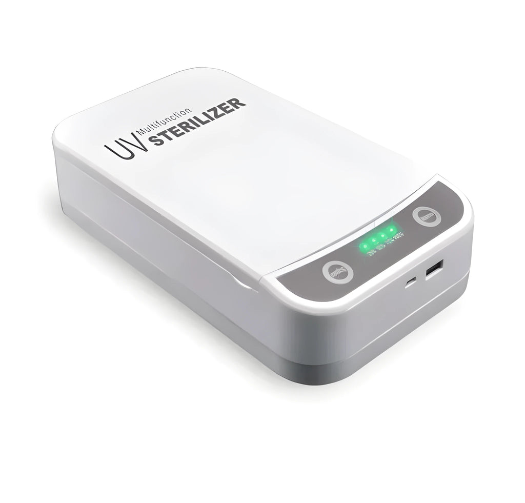 White UV disinfection box with internal compartment for mobile phones up to 6.5 inches