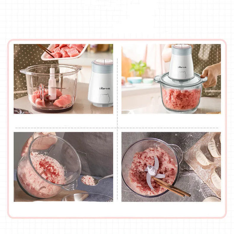 2L glass bowl electric vegetable chopper blender with stainless steel interface and blade assembly