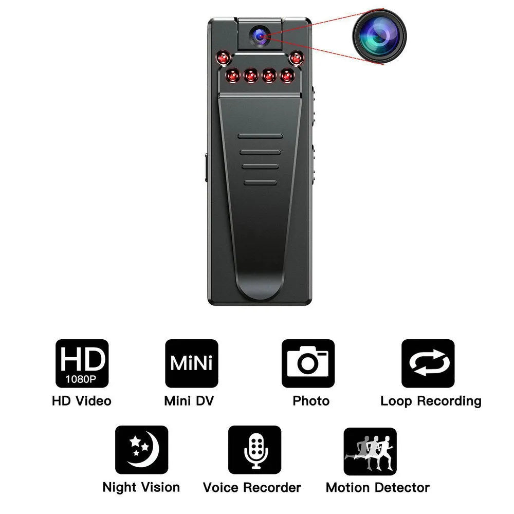 Black 1080p HD digital video camera with a rotatable lens, suitable for use as a dash cam or action camera.