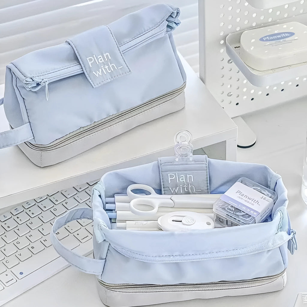 Fashion student pencil case in polyester with double layer folding design showing three colour options