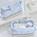 Fashion student pencil case in polyester with double layer folding design showing three colour options