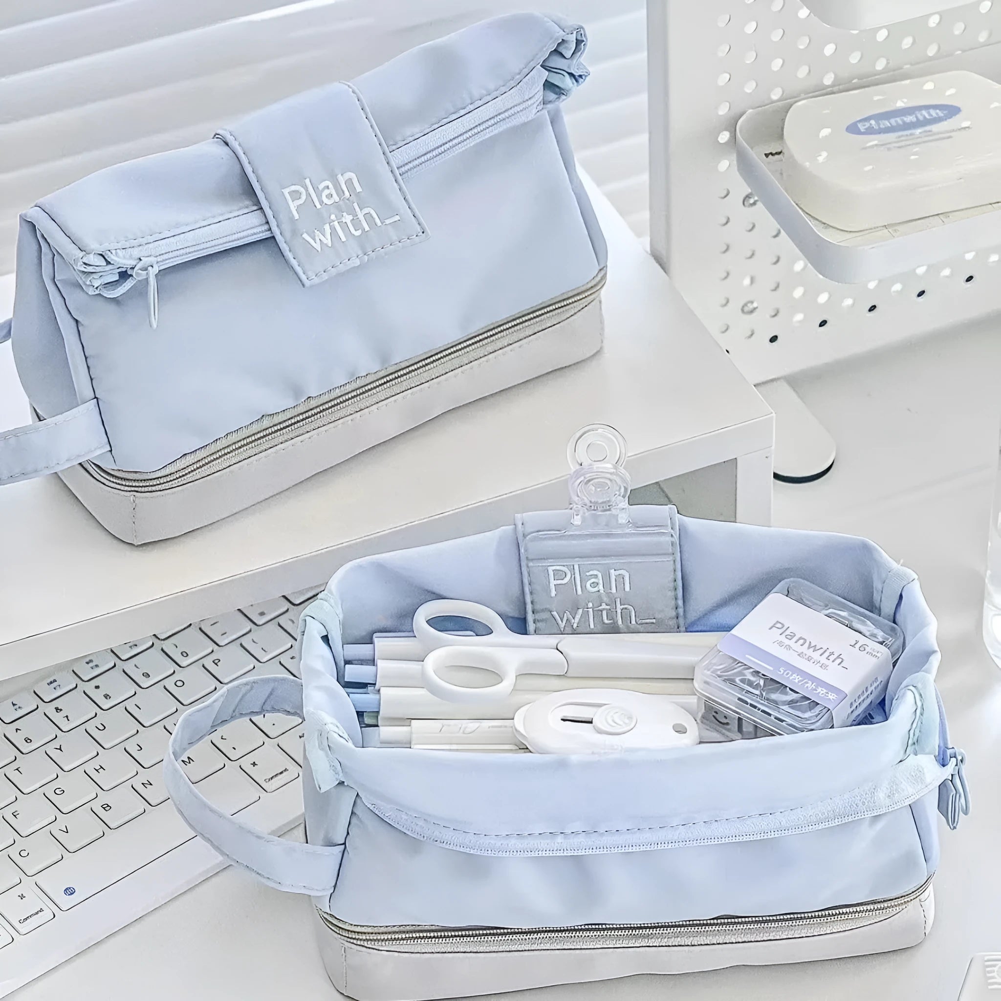 Fashion student pencil case in polyester with double layer folding design showing three colour options