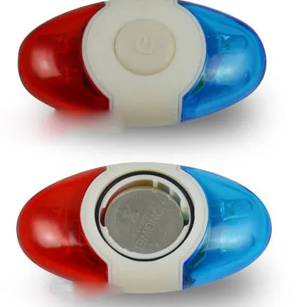 Red and blue LED bicycle tail light with an adjustable mounting base.