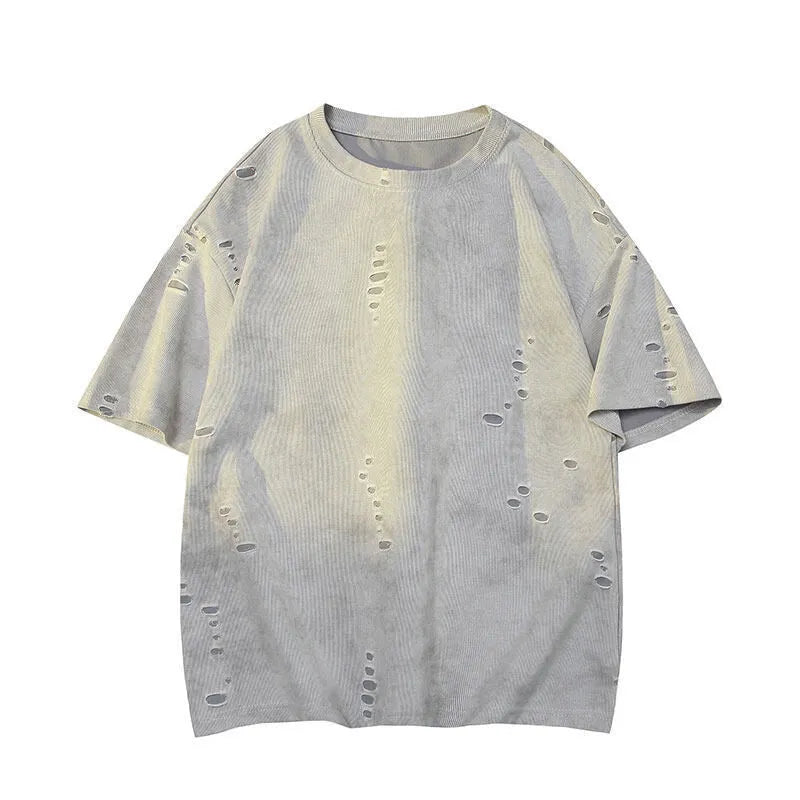 Men's American leisure ripped short sleeve cotton blend top in blue with loose pullover fit
