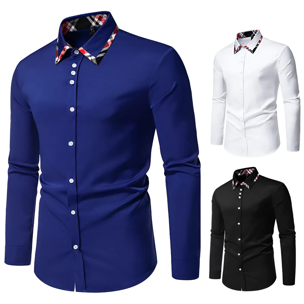 Men's blue plaid contrast triangle collar long sleeve casual shirt on a hanger.