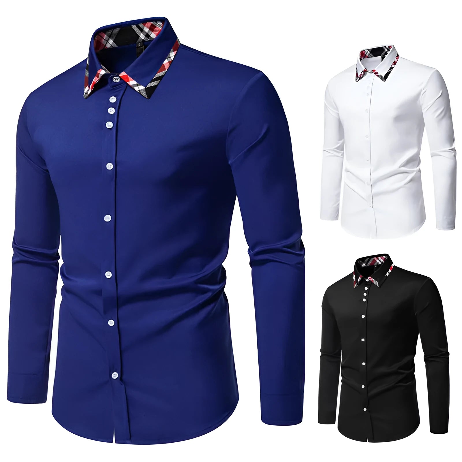 Men's blue plaid contrast triangle collar long sleeve casual shirt on a hanger.
